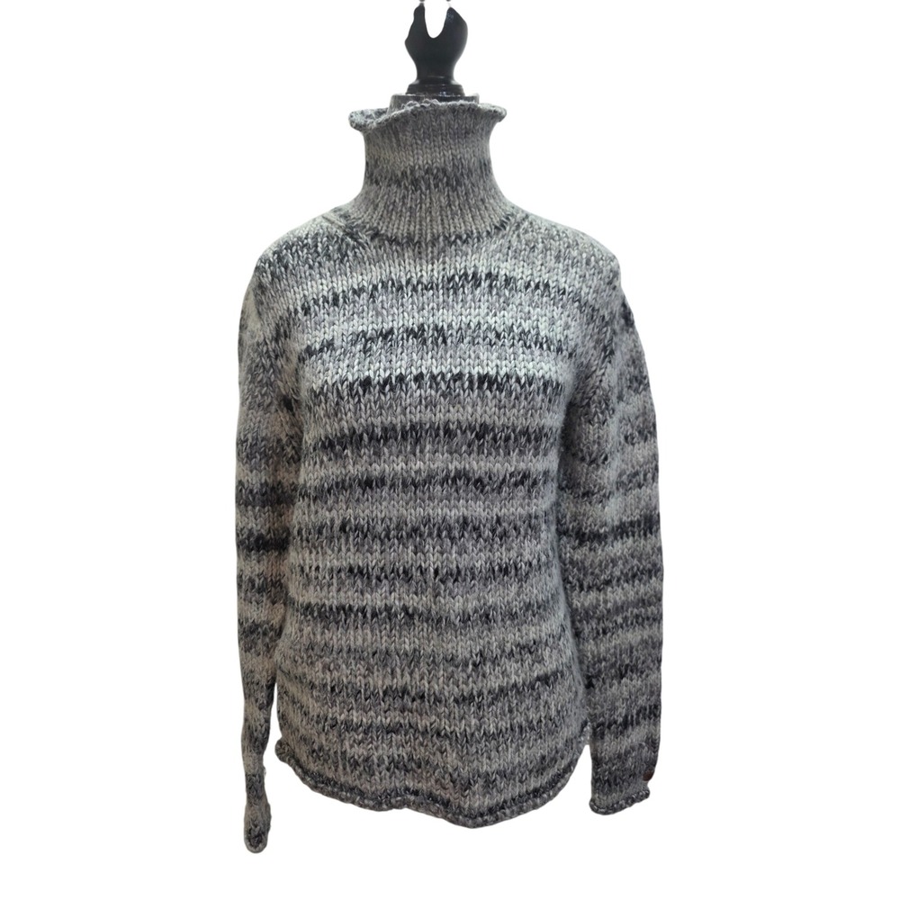 Columbia Womens Sweater S Gray Chunky Cable Knit Turtleneck Wool Blend Striped